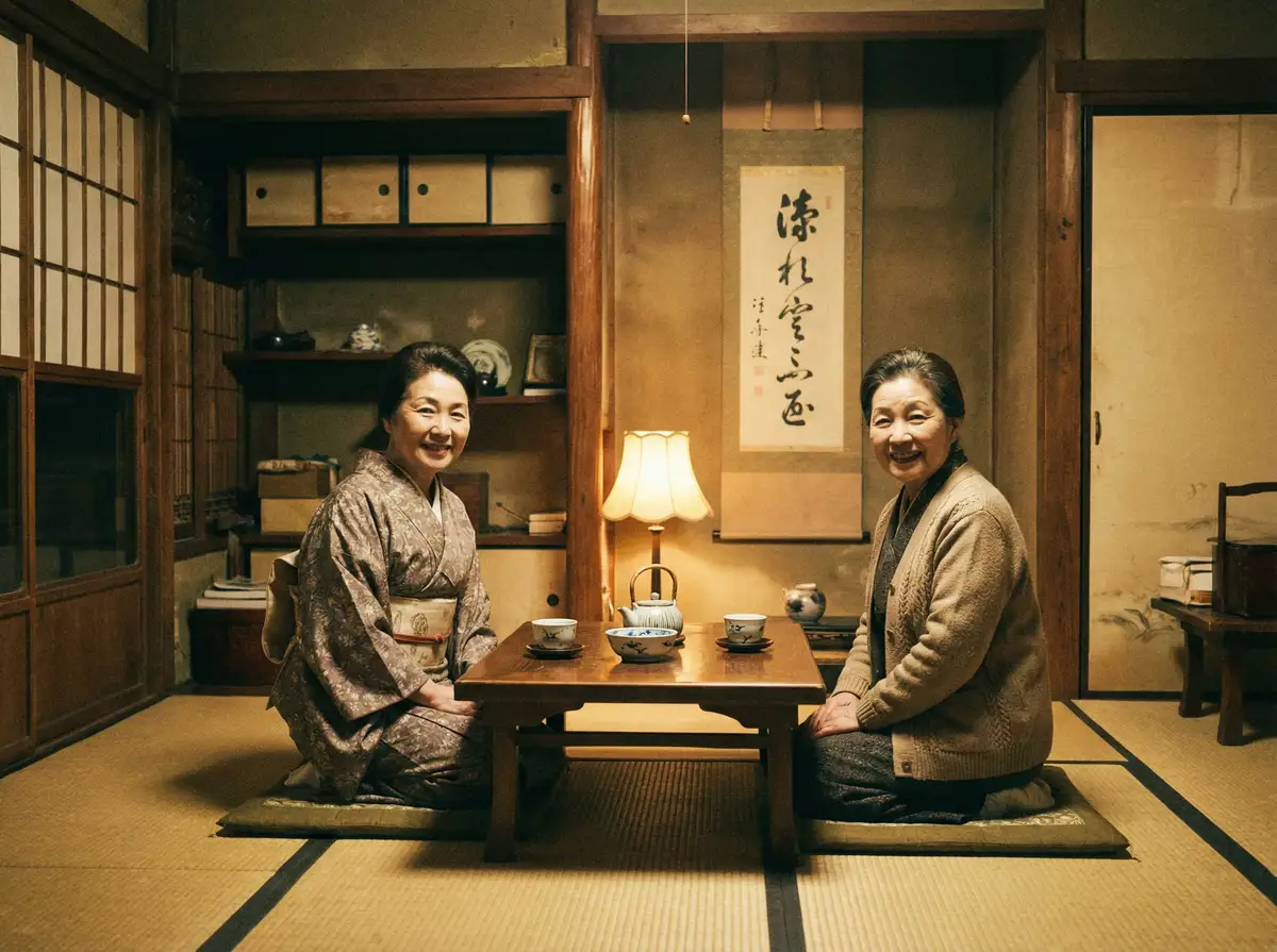 两位优雅的 k体育注册送68平台网址 在日式茶室中品茶交谈